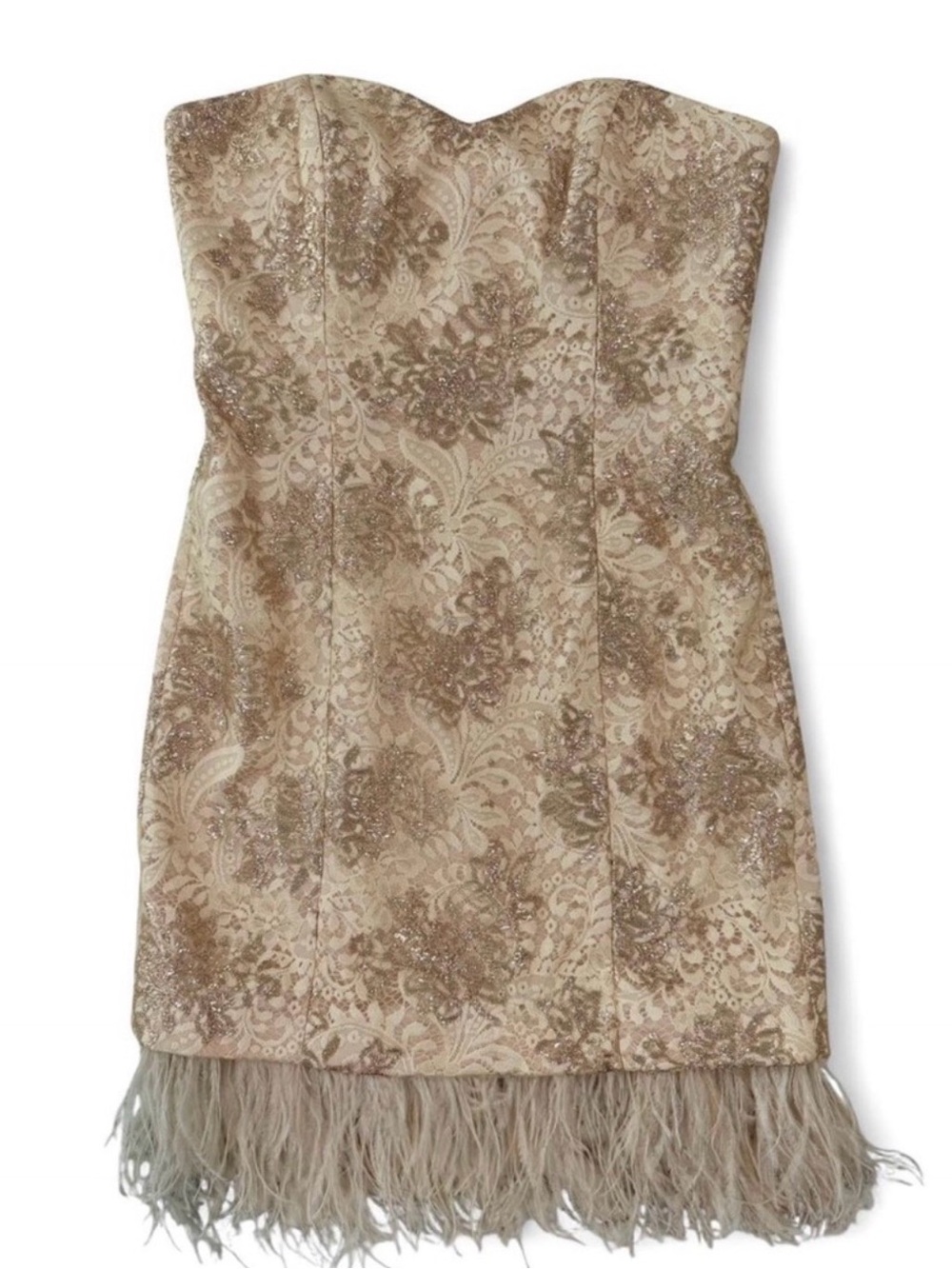 Badgley Mischka Cream and Gold Strapless Feather Hem Mini Dress